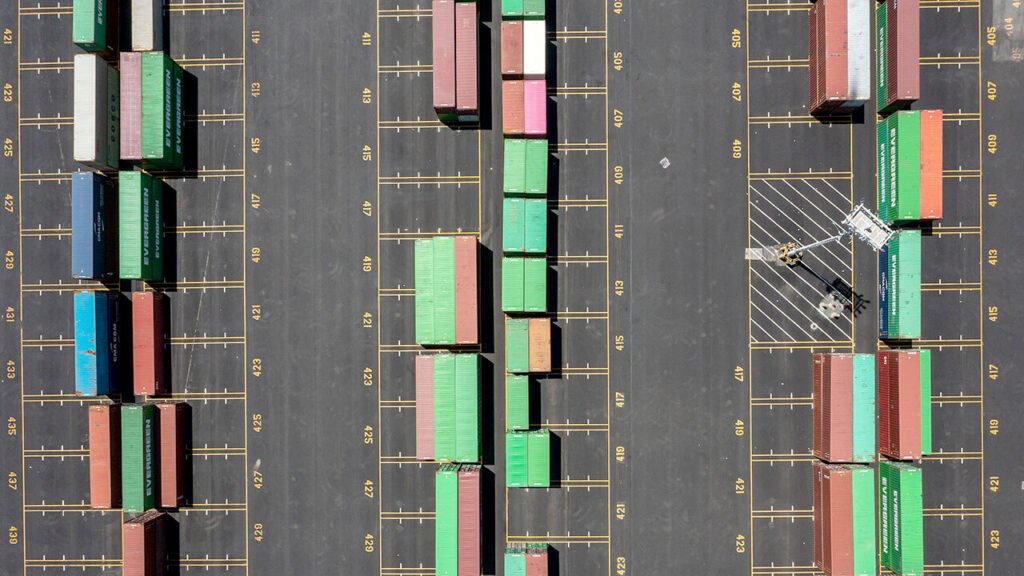 An aeria; view of containers at the Port of Oakland, California