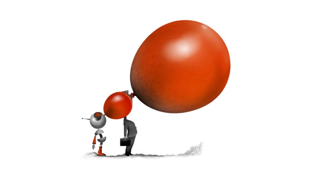 An AI robot inflating the head of a Wall Street banker who is inflating a bubble which has not popped yet.