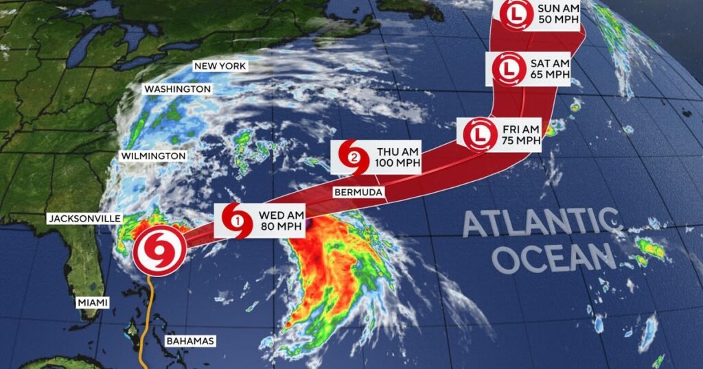 Imelda azota a Bermudas como huracán de categoría 2 antes de debilitarse. Los mapas muestran su camino de pronóstico.