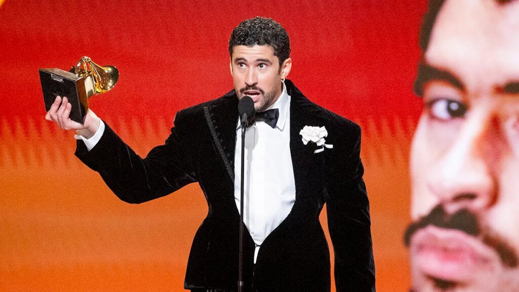 Bad Bunny accepts the Album of the Year award for DeBÍ TiRAR MáS FOToS onstage during the 68th GRAMMY Awards at Crypto.com Arena on February 01, 2026 in Los Angeles, California.