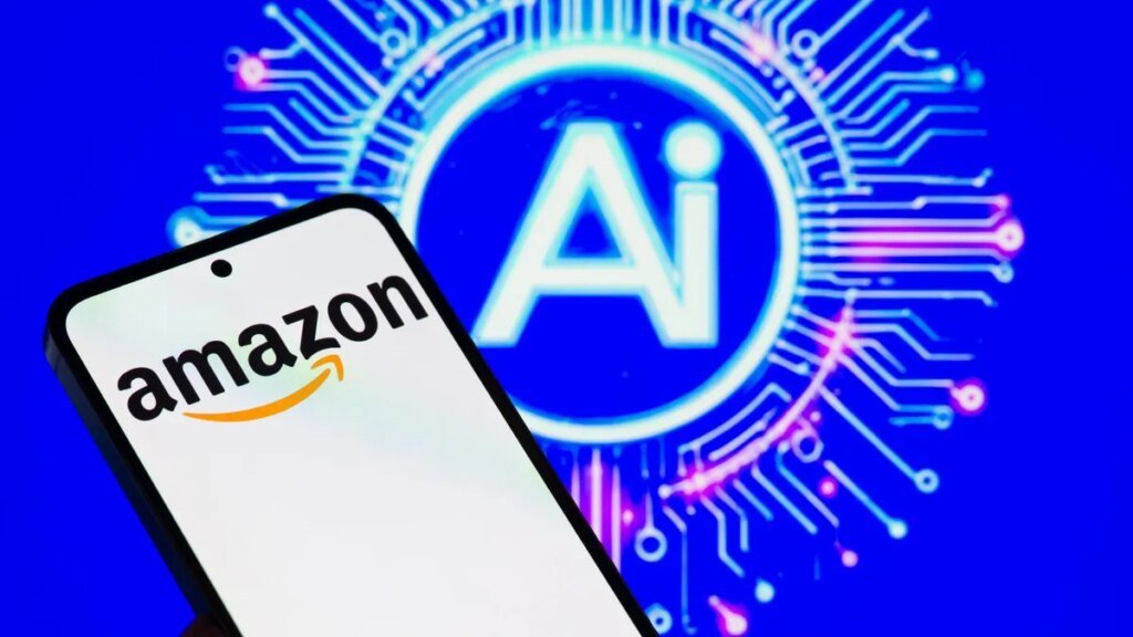 Amazon logo on mobile phone against blue artistic AI lettering.